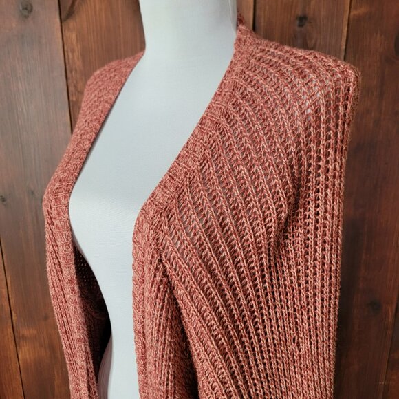 Billabong Women L Russet Open Knit Cardigan 100% Cotton Long Duster Pockets Cozy - Picture 2 of 11